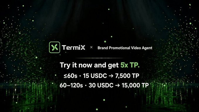 A dark promotional banner with green particles for 'TermiX Brand Promotional Video Agent' advertising a 'Try it now and get 5x TP' offer with pricing tiers based on video length.