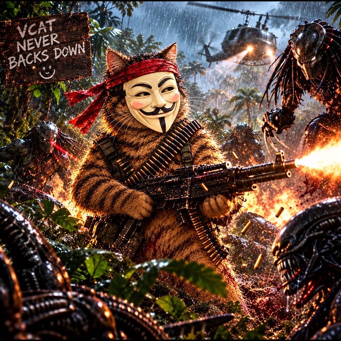 AI-generated artwork of a cat wearing an Anonymous mask and red bandana, holding a machine gun, with text 'VCAT NEVER BACKS DOWN' and a smiley face, fighting Alien creatures in a jungle.
