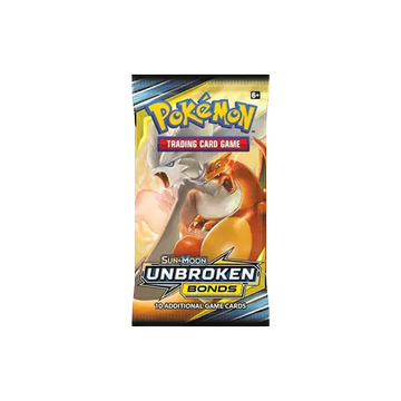 A Pokémon Trading Card Game booster pack titled 'Unbroken Bonds' featuring Charizard artwork, containing 10 additional game cards.