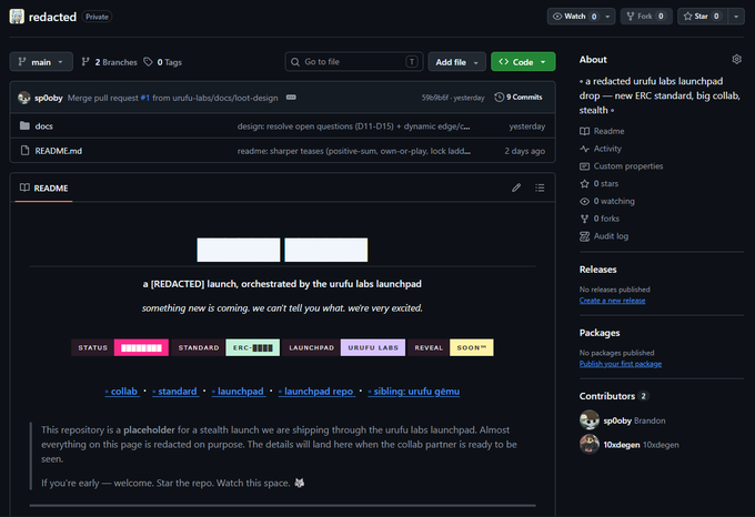 A screenshot of a GitHub repository named 'redacted' owned by 'sp0by', described as 'a redacted urufu labs launchpad drop — new ERC standard, big collab, stealth', with the README displaying status tags including 'COLLAB: HIDDEN', 'STANDARD: ERC-XXXX', and 'REVEAL: SOON™'.