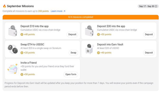 A Soneium 'September Missions' campaign interface showing 0/4 missions completed, including deposit tasks ($10 and $30 USDC), swapping ETH to USDC, depositing into Earn Vault, and an Invite a Friend referral.