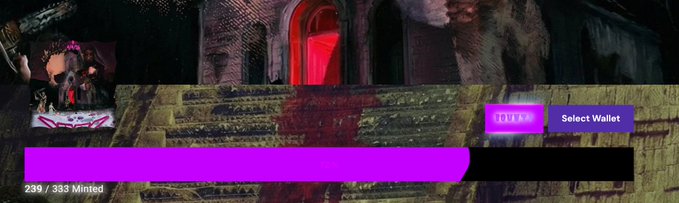 A dark, gothic-themed interface displays a mining progress bar at 239/333 Mined, a 'Select Wallet' button, and a red-lit archway in the background.