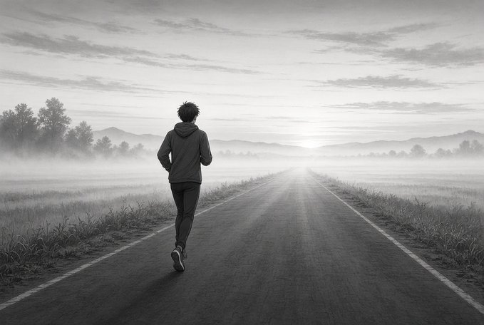 A black and white image showing a man jogging on an empty road that stretches into a misty, mountainous landscape at dawn.