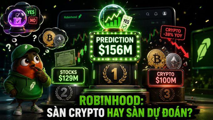 A Robinhood-themed graphic featuring a bird mascot, with podium rankings showing Prediction $156M, Stocks $129M, and Crypto $100M, alongside Vietnamese text asking about crypto vs. prediction markets.