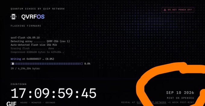 A dark-themed firmware flashing screen displays QVRFOS quantum echoes interface by QuID Network, showing qvrf-flash v26.09.10 with 0.0% write progress at 39/4,194,304 bytes, alongside a countdown timer at 17:09:59:45 and a launch date of SEP 10 2026.