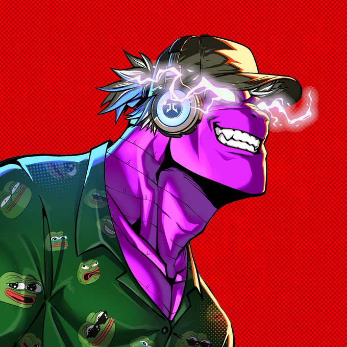 An illustration of a muscular purple-skinned character wearing a green shirt patterned with Pepe the Frog faces, smiling widely with glowing lightning bolt headphones on, set against a red halftone background.