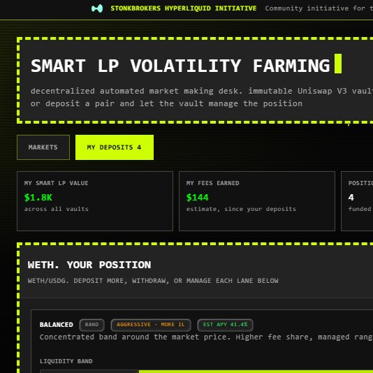 A screenshot of the 'STONKBROKERS HYPERLIQUID INITIATIVE' platform showing a 'Smart LP Volatility Farming' vault with $1.8K smart LP value and $144 in fees earned across a WETH/USDC position.