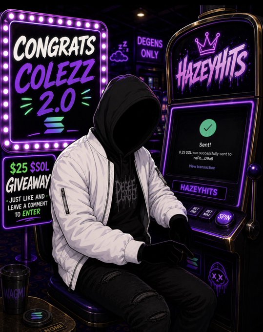 A hooded figure in a white jacket sits at a glowing purple slot machine branded "HAZEYHITS," with a "Sent!" confirmation screen showing a 0.25 SOL transaction to address nebu...0966, celebrating @sunnyyxxae's $SOL win alongside a "$25 SOL Giveaway" announcement and "Congrats Colezz 2.0" sign.