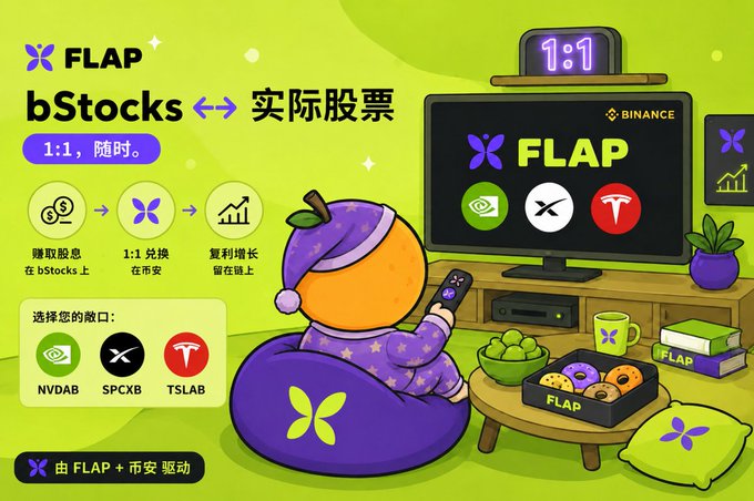 A promotional graphic for FLAP's bStocks feature advertising 1:1 exchange of bStocks with real stocks (NVDA, SPCX, TSLAB) on Binance, shown with a cartoon character watching TV.