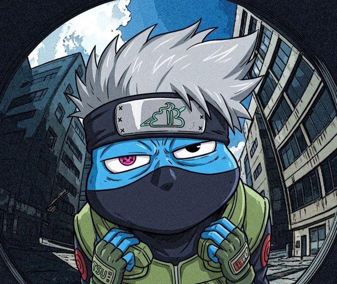 The image features a cartoon character wearing a green jacket and a black mask, standing against a cityscape backdrop of buildings. The character has a pink nose and eyes, giving them a unique and whimsical appearance. The caption for the image reads "Pepe GANG jumping in with the MOMO Momoyumemi is a retro anime styled collection by @cutemikaasa It portrays a dreamy, nostalgic, peach colored worlds, care free vibe altogether."