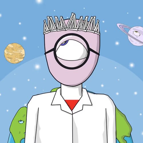 A cartoon character with a large eye, a spiky crown, and a white lab coat stands against a space background featuring planets and stars.