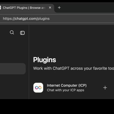 A screenshot of a dark-mode web browser displaying the ChatGPT Plugins page at "https://chatgpt/plugins," showing a section titled "Plugins" with an entry for "Internet Computer (ICP) - Chat with your ICP apps."