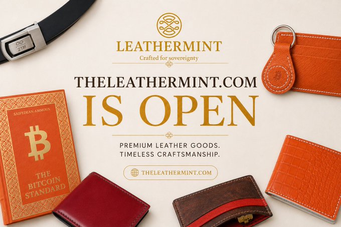 The image features an advertisement for a leather goods store that has opened back up after being closed during the COVID-19 pandemic. The store offers a variety of handcrafted items, including wallets, belts, and other accessories made from high-quality materials such as leather and suede. The post also mentions that the store is open for business again, catering to those who prefer Bitcoin standards in their purchases.