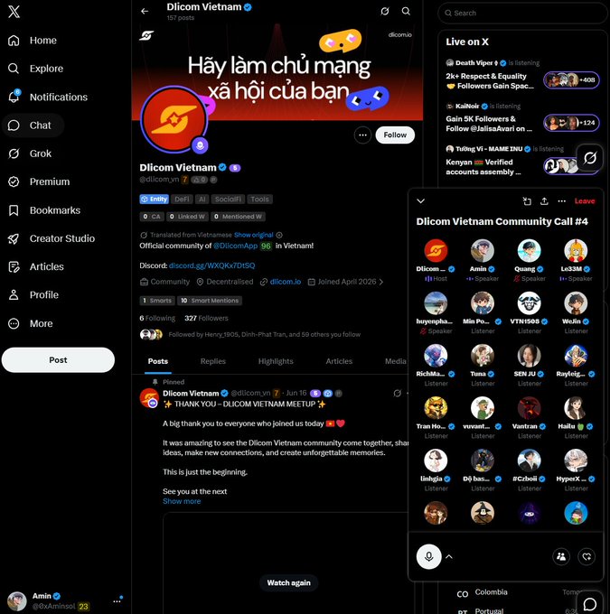 The image shows the X (formerly Twitter) profile page of "Dicom Vietnam" (@dicom.vn) with 157 posts and 327 followers, featuring a Space titled "Dicom Vietnam Community Call #4" with multiple listeners like Amiin, Quang, Le33M, and others, alongside a pinned post thanking attendees of the "DICOM VIETNAM MEETUP." The post caption reflects on listening to the Dicom Vietnam AMA, highlighting the team's long-term vision and teased upcoming test details, directly tying to the active community call shown in the screenshot.