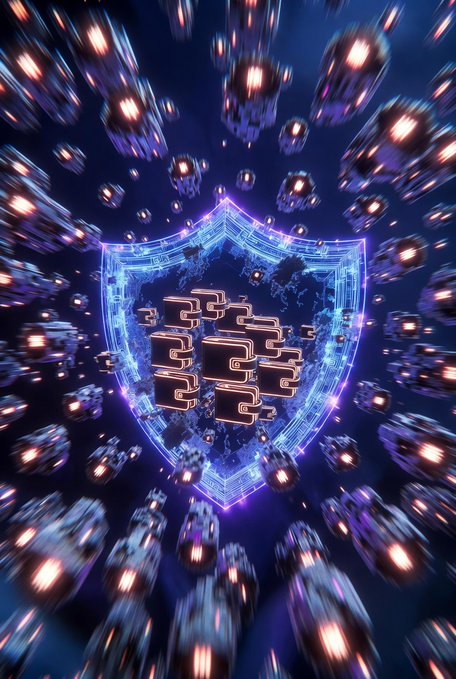 The image shows a complex and abstract digital artwork featuring blue shapes floating around in space, creating a sense of depth and movement. The central focus appears to be a shield with a border made up of tiny light particles, symbolizing protection or security within this digital environment. A post by @quipnetwork is displayed below the artwork, addressing the issue of potential vulnerabilities and emphasizing the need for advanced security measures in the world of cryptocurrencies like Bitcoin, Ethereum, Solana, and more.