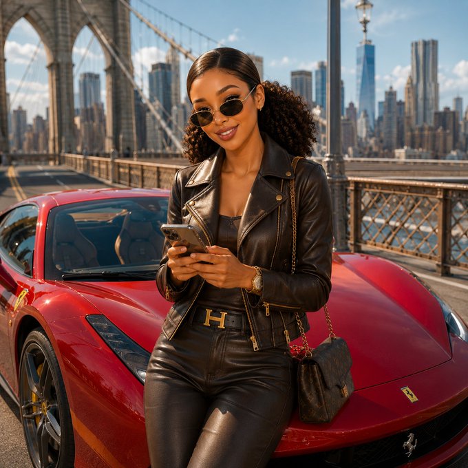 A stylish woman wearing sunglasses, a leather jacket, and a designer belt with an "H" buckle stands in front of a red Ferrari on the Brooklyn Bridge with the Manhattan skyline behind her.