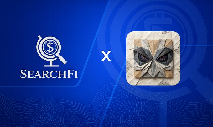 A promotional graphic displays the 'SEARCHFI' logo alongside a stylized owl icon on a blue background.