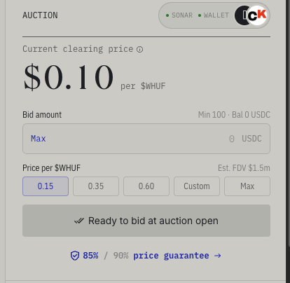 The image shows an auction interface on the Sonar platform with a current clearing price of $0.10 per $WHUF, where users can place bids with a minimum of 100 USDC and select preset prices like 0.15, 0.35, or 0.60, alongside an 85%/90% price guarantee. This illustrates the auction-style pre-sale mentioned in the post for the $WHUF token, visually confirming the author's description of the pre-sale structure and price guarantee mechanism.