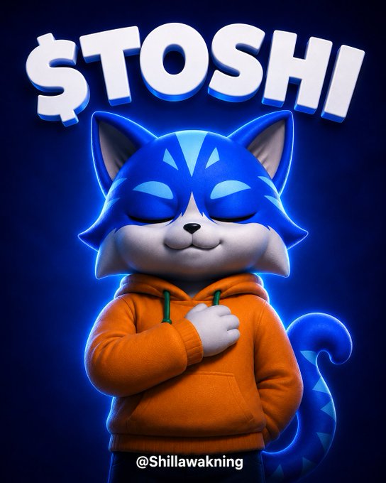 A 3D-rendered blue and white cat character in an orange hoodie with 'STOSHI' displayed in bold letters above, tagged @Shillawakning.