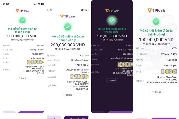 Screenshots of TPBank mobile app showing successful opening of digital savings accounts in Vietnamese (Mở sổ tiết kiệm điện tử thành công) for 300,000,000 VND, 200,000,000 VND, and 100,000,000 VND with interest rates around 8.5-8.6%.