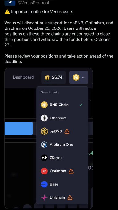 A Twitter/X notice from @VenusProtocol announcing that Venus will discontinue support for opBNB, Optimism, and Unichain on October 23, 2026, urging users to close positions and withdraw funds before the deadline, alongside an image of the Venus chain selector dashboard.