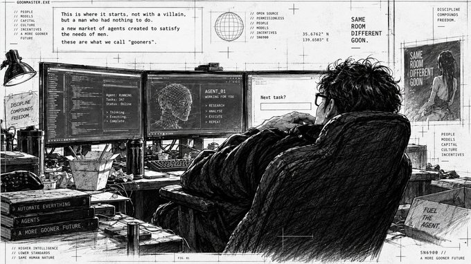 A detailed black-and-white illustration titled 'SAME ROOM DIFFERENT GOON' showing a person working at multiple computer monitors displaying code and an AI assistant interface.