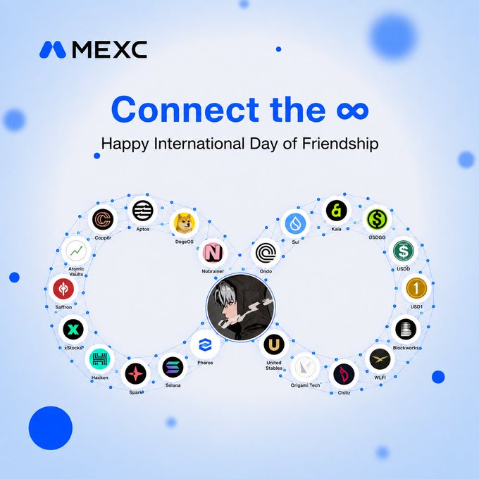 A promotional graphic for MEXC exchange celebrating 'International Day of Friendship' with the text 'Connect the ∞', showing a network of cryptocurrency logos including Aptos, DogeOS, Sui, and Solana arranged in an infinity symbol around a central anime-style character.