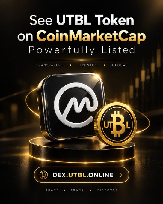 A promotional graphic for UTBL Token featuring a golden Bitcoin coin and a black square logo, with text reading 'See UTBL Token on CoinMarketCap Powerfully Listed,' 'TRANSPARENT • TRUSTED • GLOBAL,' and a link to DEX.UTBL.ONLINE.
