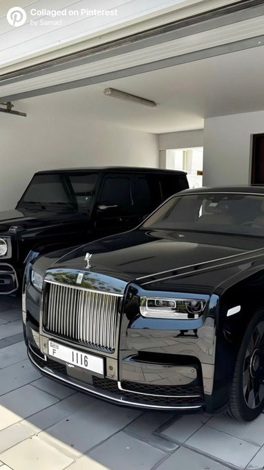 A black Rolls-Royce Phantom with license plate 'F 1116' parked in a garage next to a black Mercedes G-Wagon, with a Pinterest watermark at the top.