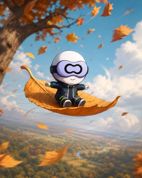 A whimsical 3D-rendered scene of a small, round character wearing VR goggles and a dark outfit, sitting on a large falling autumn leaf high above a scenic landscape of trees, fields, and a river.