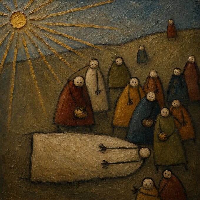 A textured, folk-art style painting depicts a sunburst over a hill where hooded figures gather around a shrouded body lying on the ground.