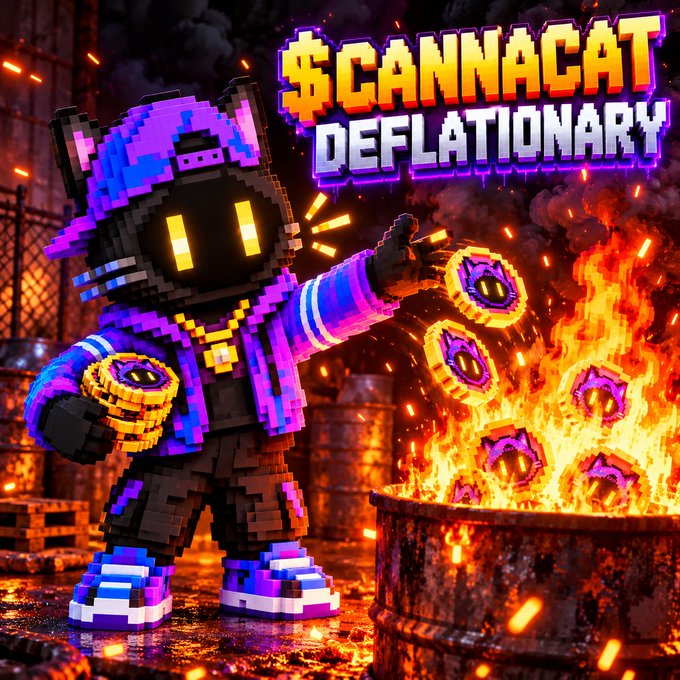 A pixel-art style graphic titled '$CANNACAT DEFLATIONARY' featuring a purple and blue cat character throwing coins into a fiery barrel.