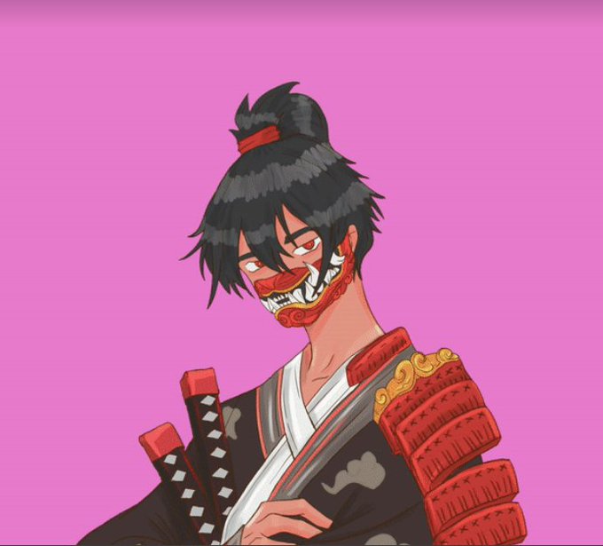 Anime-style illustration of a samurai character with a demon mask, dark hair in a topknot, and red samurai armor, set against a solid pink background.