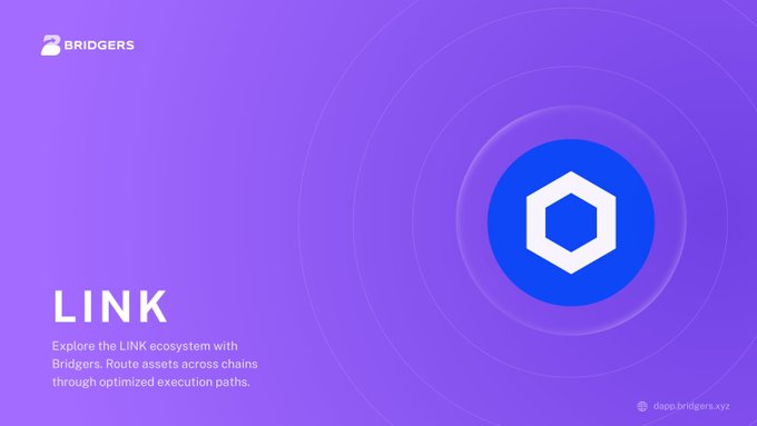 A purple promotional graphic for Bridgers featuring a blue Chainlink (LINK) hexagonal logo and text reading 'Explore the LINK ecosystem with Bridgers.'
