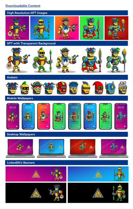 A promotional graphic displaying downloadable NFT content featuring colorful robot-like warrior characters in various poses, including high-resolution images, transparent background versions, avatars, mobile and desktop wallpapers, and LinkedIn/X banners.