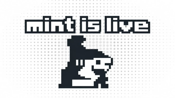 The image displays the pixel-art logo "MINT IS LIVE" featuring a black-and-white hooded figure against a dotted background, announcing the launch of the onchainsharc mint as referenced in the post about the collection selling out and unlocking features on the website.