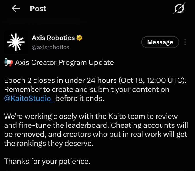 A Twitter/X post from 'Axis Robotics' (@axisrobotics) announces an 'Axis Creator Program Update,' stating Epoch 2 closes in under 24 hours (Oct 18, 12:00 UTC) and asking creators to submit content on @KaitoStudio.