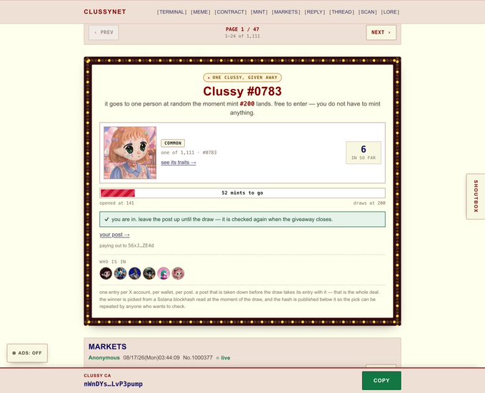 A webpage for 'CLUSSYNET' showing 'Clussy #0783', a common tier NFT giveaway that 'goes to one person at random the moment mint #200 lands', with 52 mints to go.