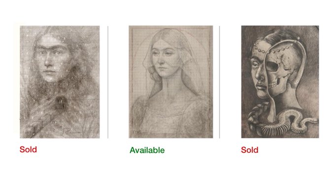 Three portrait sketches displayed in a row, with the first and third marked 'Sold' in red, and the middle one marked 'Available' in green.