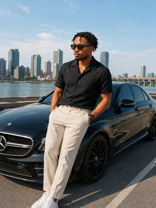 Stylish photo of a man in a black shirt, white pants, and sunglasses posing beside a black Mercedes-Benz with a city skyline in the background.