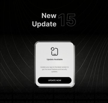 A dark themed mobile UI showing 'New Update 15' with an 'Update Available' notification card featuring an 'UPDATE NOW' button.