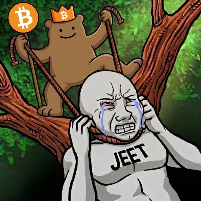 The image depicts a crying figure labeled "JEET" being hung by a noose tied to a tree branch, while a bear wearing a Bitcoin crown stands above holding the rope, symbolizing the "$GRIZZY ₿" token slaying those who sell their Bitcoin holdings.