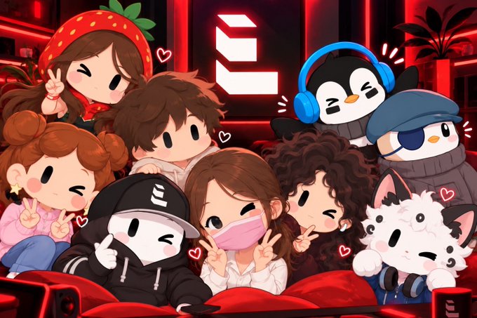 A cute illustrated group of cartoon characters including people and penguins taking a selfie in a red-lit theater or arcade setting.