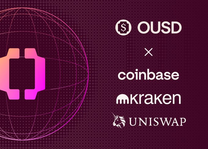 A promotional graphic with a dark purple background features a stylized pink and orange "{ }" logo inside a wireframe globe on the left, while the right side displays "OUSD × Coinbase × Kraken × Uniswap," visually announcing OUSD's new listings on the three platforms.