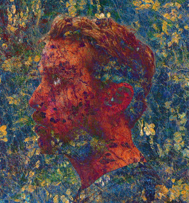 A stylized double-exposure artwork showing the side profile of a man's head blended with a field of yellow flowers and greenery in an impressionist painting style.