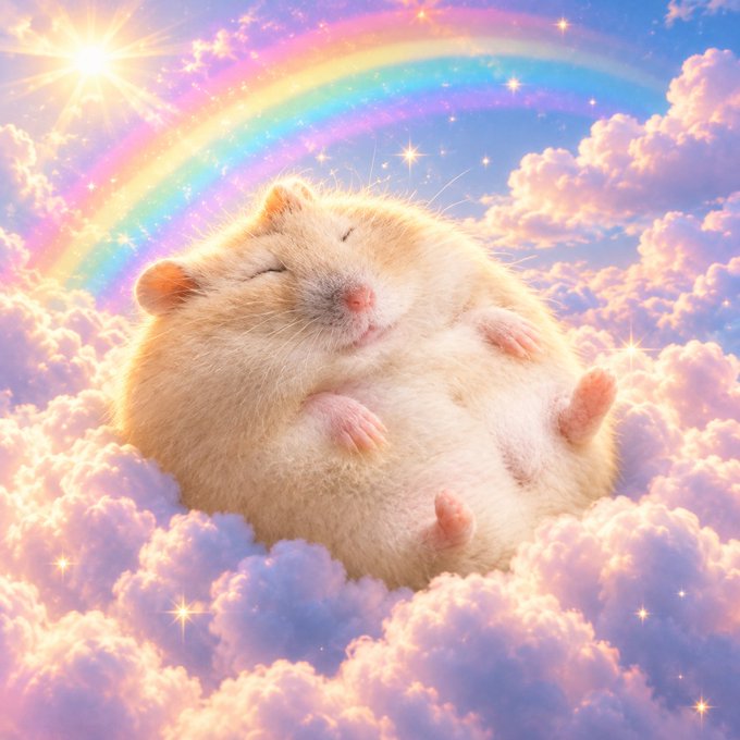 A digital illustration of a fluffy golden hamster sleeping peacefully on pink and white clouds beneath a rainbow and shining sun.