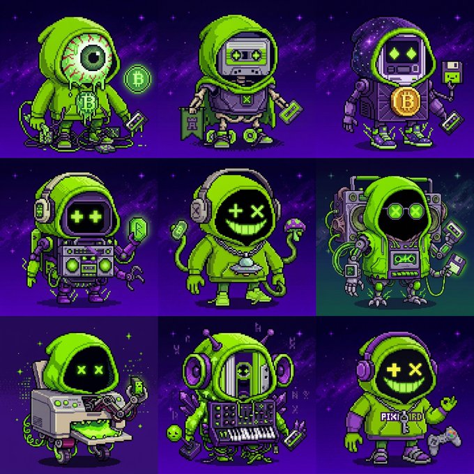 A grid of nine pixel-art characters featuring green hooded figures and robots with various accessories like Bitcoin symbols, headphones, and boomboxes against a purple starry background.