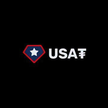 The image displays the USA₮ logo, featuring a blue shield with a white star inside a red border alongside the "USA₮" text on a black background. This relates to the post as it represents Tether's newly launched USAT stablecoin, which is the GENIUS Act-compliant USD-pegged token expanding to the Celo network.