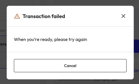 A user is shown a "Transaction failed" error dialog with the message "When you're ready, please try again," preventing them from redeeming their $night tokens.