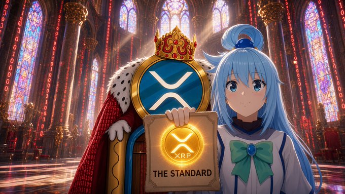 An anime-style figure with long blue hair stands beside a royal crowned figure in an ornate cathedral with stained glass, holding a glowing plaque displaying "XRP" and "THE STANDARD." The image serves as a stylized visual proclaiming XRP as the established benchmark for digital currency.